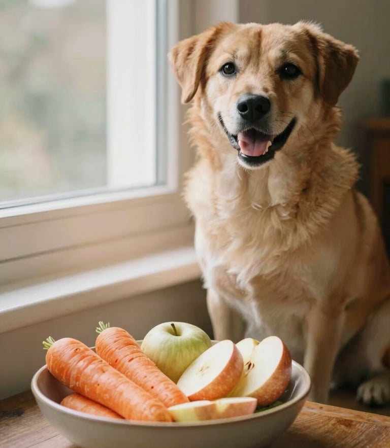 A healthy happy dog sitting patiently next to a ceramic bowl filled with fresh colorful ingredients like sliced carrots and apples, soft warm window light, editorial photography style
