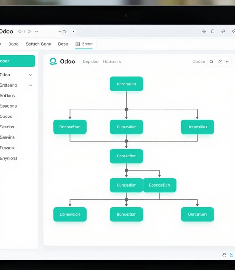A clean modern software interface displaying structured workflow charts and Odoo dashboards, bright daylight, professional teal tones