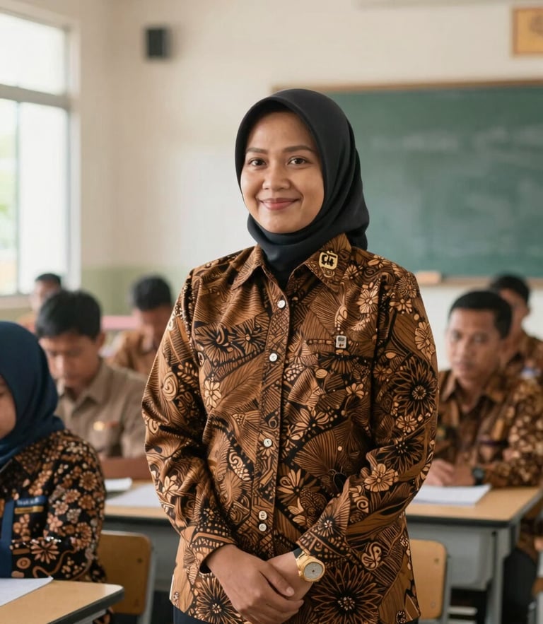 Medium shot of an Indonesian teacher in a batik PGRI uniform standing proudly in a bright, modern classroom, warm morning light, professional civic style, 35mm lens