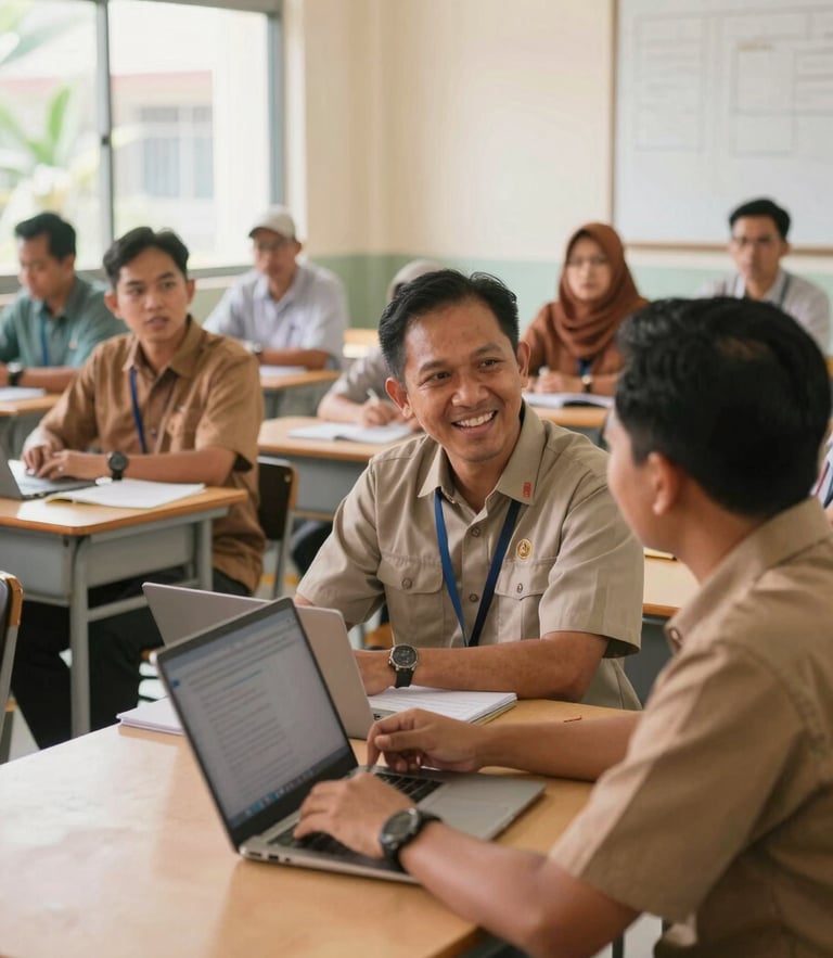 Medium shot of Indonesian teachers in a bright classroom workshop, warm natural daylight, active collaborative engagement, professional civic style, 35mm lens