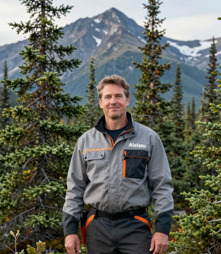 A portrait of a professional Alaskan landscaper in clean branded gear, standing in front of towering spruce trees and mountains under crisp morning light.