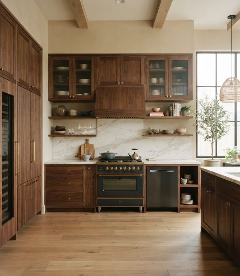 Straight-on architectural elevation of a luxury kitchen with warm linen tones, custom walnut cabinetry, and soft morning light, 35mm
