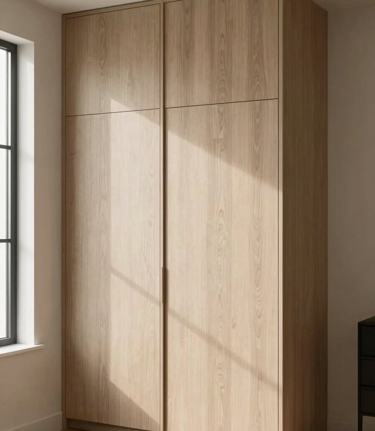 Architectural elevation of custom millwork in a bright Coquitlam home, soft diffused sunlight highlighting the wood grain.