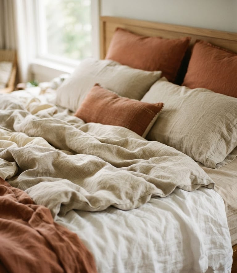 Close-up of a rumpled unmade bed with layered terracotta and oatmeal pillows, soft morning light filtering through a window, shallow depth of field