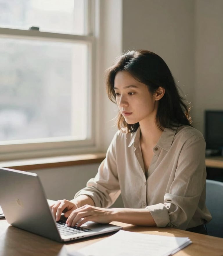 A professional woman working in a sunlit, quiet collaborative workspace, soft window light, warm editorial 35mm photography