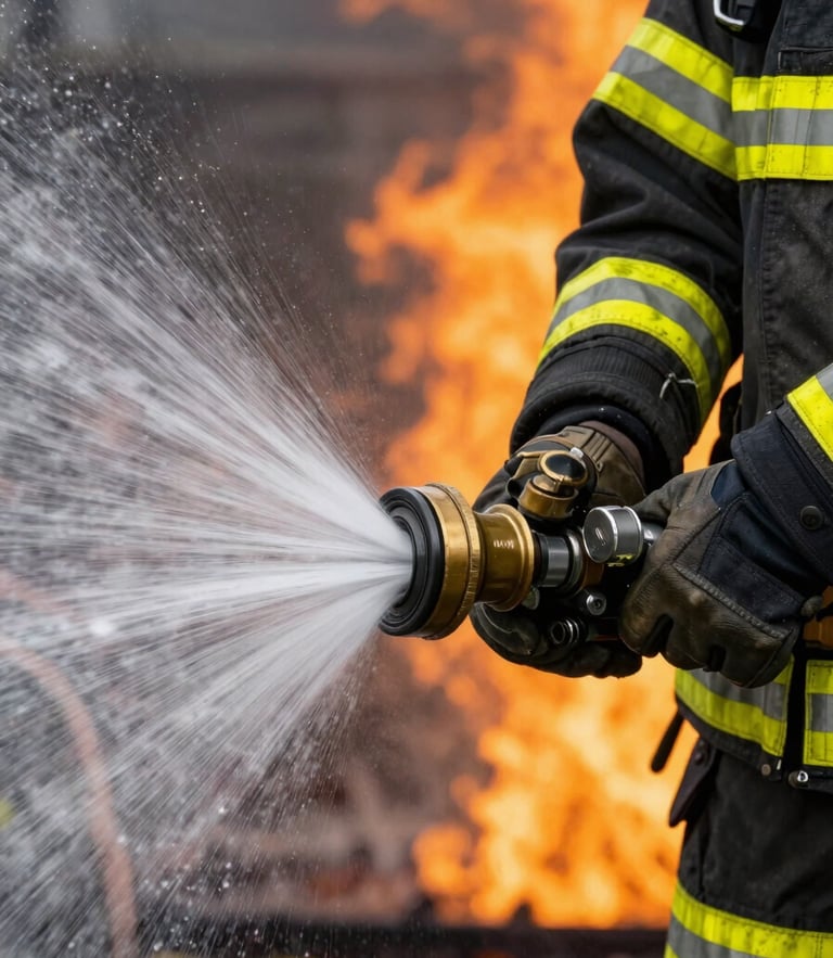Close-up of a firefighter's gloved hand adjusting a heavy brass hose nozzle, water mist spraying, reflective yellow stripes on dark turnout gear catching the orange glow of a controlled fire.