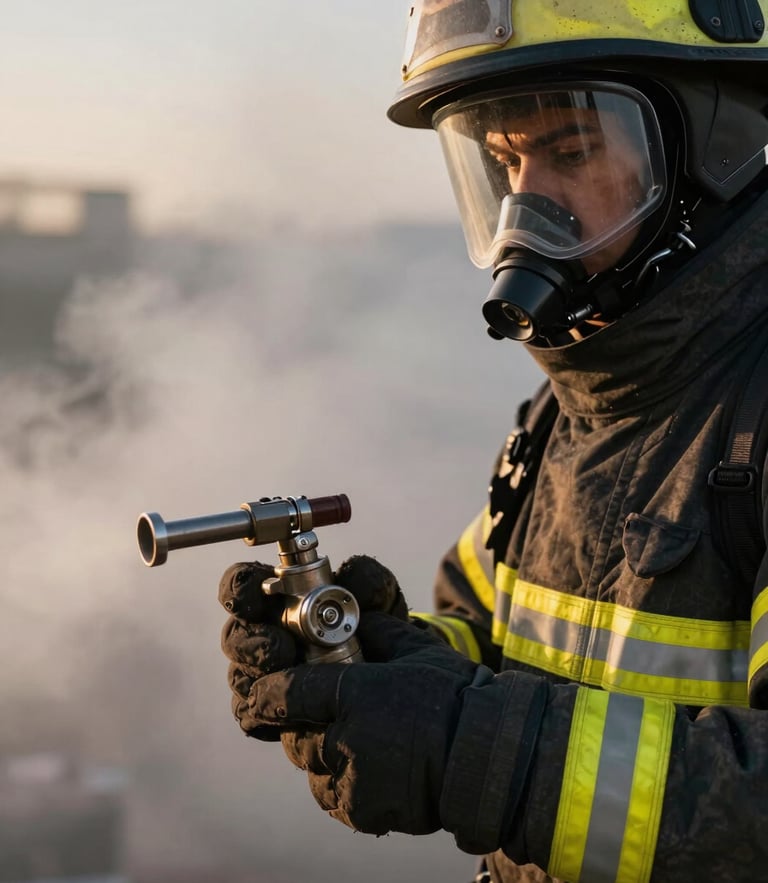 Close-up of a firefighter in full turnout gear with reflective strips catching dramatic dawn light, holding a pressurized safety valve, thick training smoke in the background.