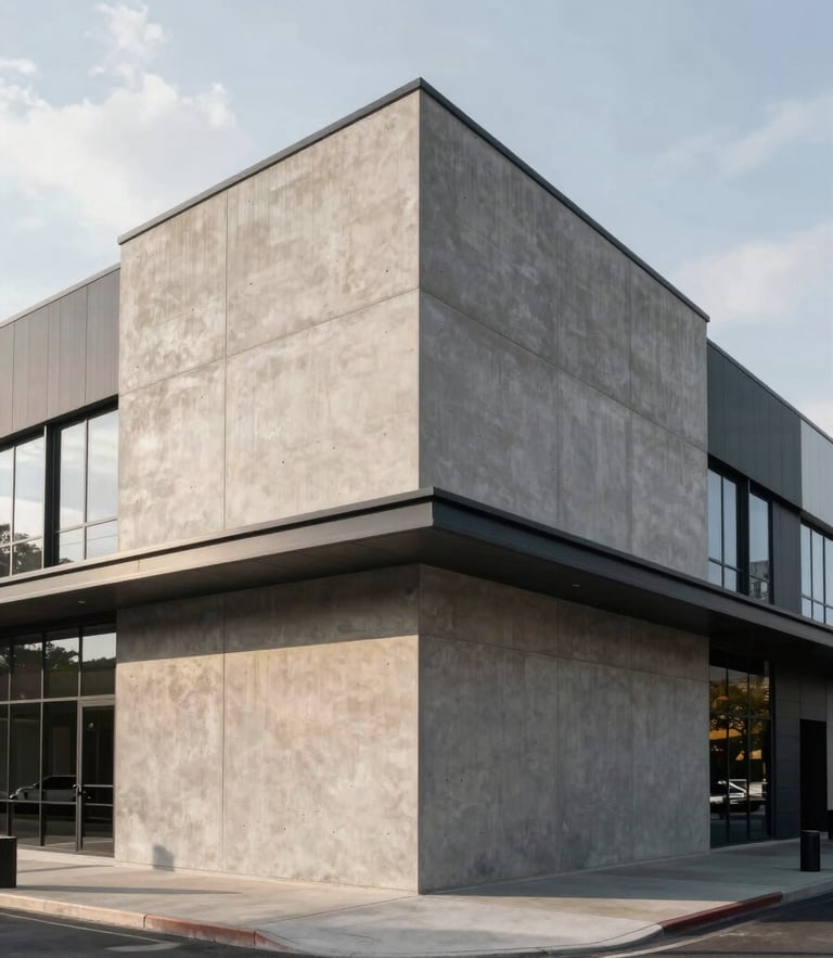 Symmetrical wide-angle exterior of a modern concrete and steel commercial building facade, sharp late-afternoon architectural shadows, clean lines, overcast sky.