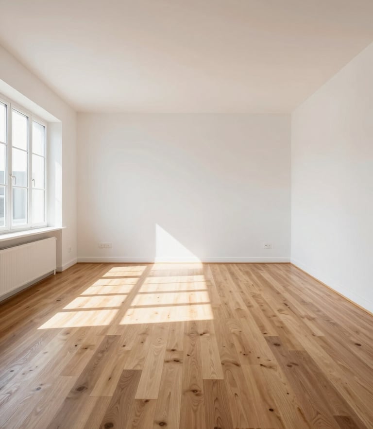 A straight-on architectural shot of a bright, immaculate modern living room, sunlight streaming onto polished timber floors, pristine white surfaces, zero clutter.