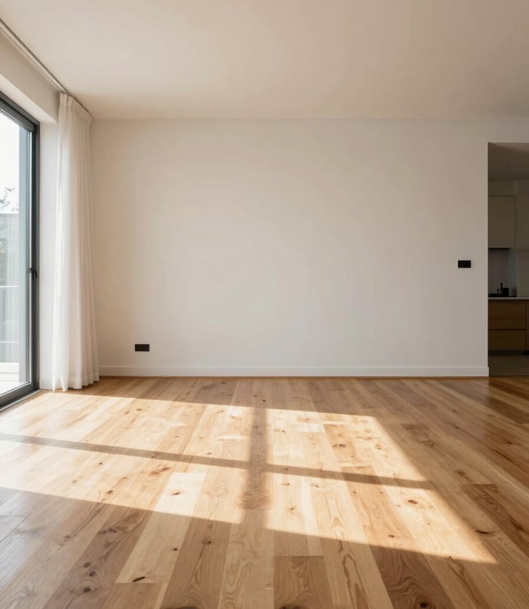 A bright, sunlit modern living room with immaculate hardwood floors, crisp linen, and clean architectural lines, captured straight-on.