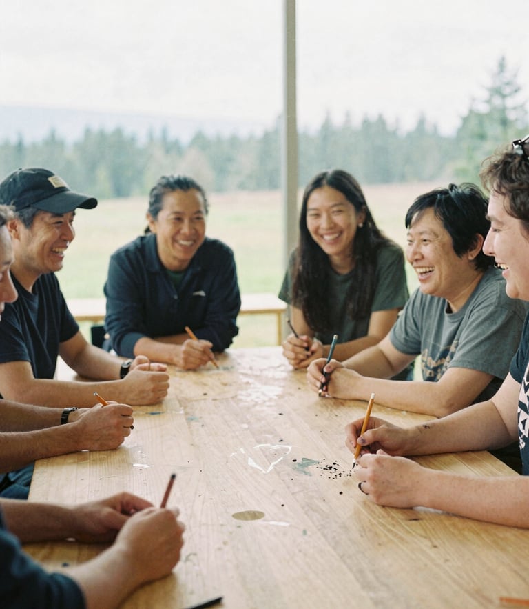 Candid 35mm film photo of diverse community members laughing around a large wooden studio table, warm overcast daylight, paint-stained hands holding charcoal pencils.