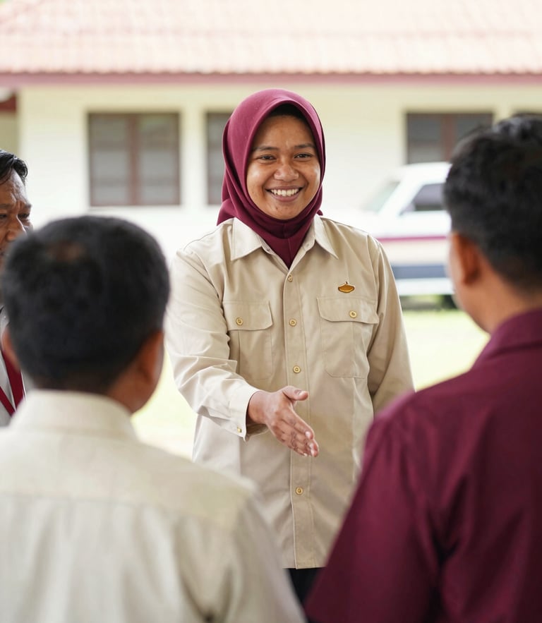 Candid photo of a friendly Indonesian school administrator welcoming parents, bright natural daylight, warm cream and maroon tones, 35mm