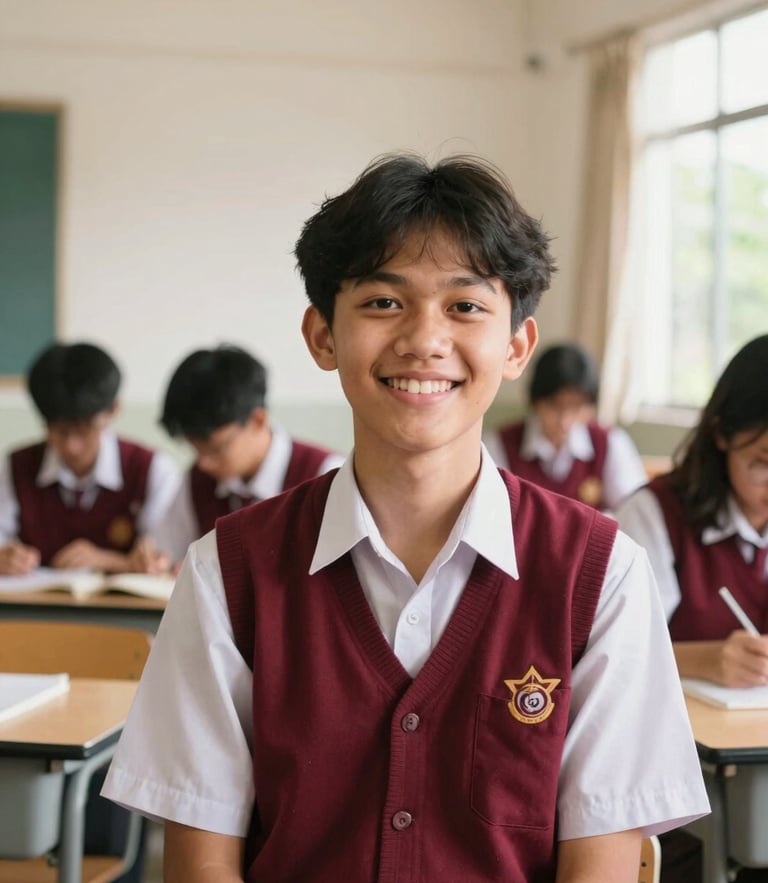A portrait of a student in Bandung school uniform smiling in a bright, sunlit modern classroom, warm daylight, editorial style, 35mm