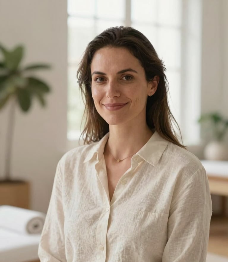 Warm professional portrait of female therapist Carolina Vechio Berger in her 30s, gentle smile, neutral cream linen shirt, soft morning window light, clean minimalist wellness space background with subtle green foliage.