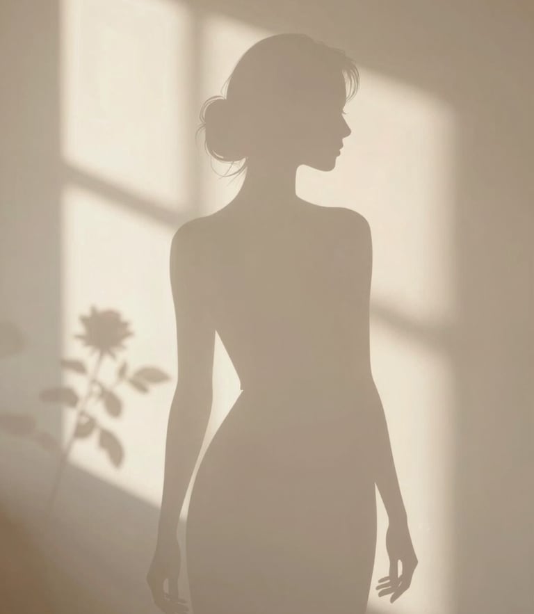 Elegant line art of a female silhouette, soft warm lighting, botanical shadows, old rose and cream tones.