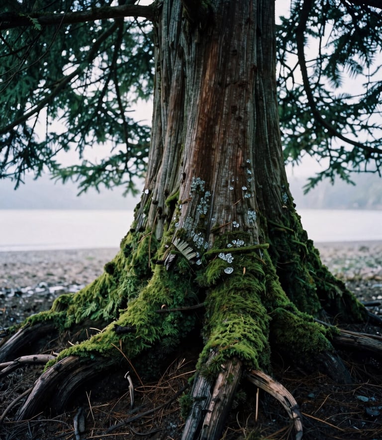 Close-up of damp shoreline soil and moss-covered roots of a mature cedar tree, soft overcast daylight, moody documentary style, 35mm film