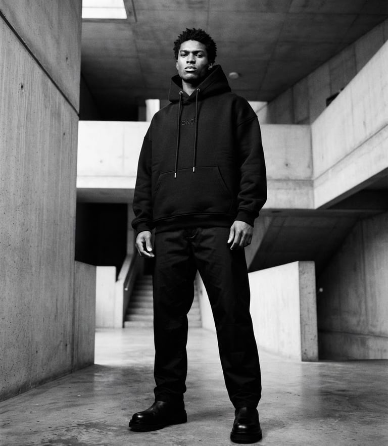 Low-angle heroic full-body shot, editorial fashion photography, high-contrast studio lighting, desaturated monochromatic tones, a model wearing a heavy structured black ONOF hoodie in a minimalist concrete architectural setting, sharp focus, medium format film.