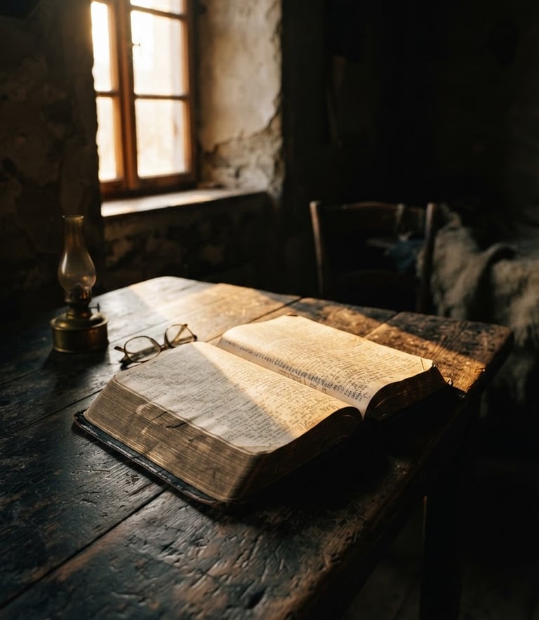 Dramatic documentary photo of an open Bible on a rustic wooden table inside a dimly lit room, warm golden-hour light streaming through a high window, casting deep shadows.
