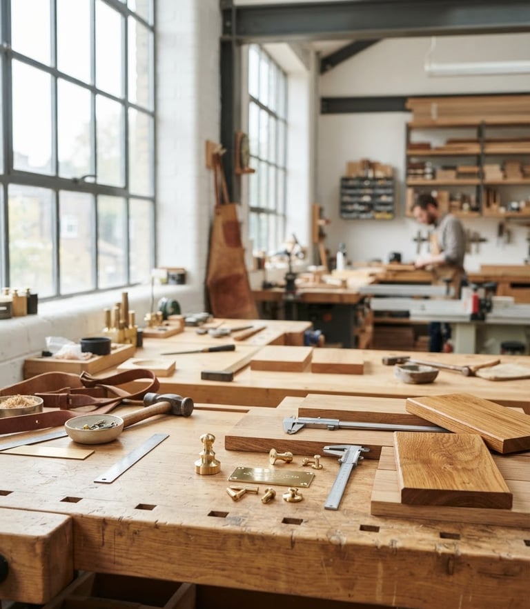 Bright editorial photography of a modern wood and metal workshop, natural daylight streaming through large windows, clean workbench with brass and oak samples, shallow depth of field