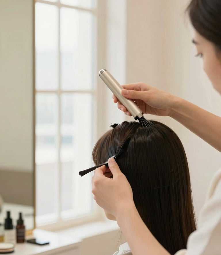 Medium close-up of a professional instructor guiding a student on precise hair styling techniques in a bright, clean training space. Soft natural window light, elegant cream and gold tones, shallow depth of field, 35mm lens.