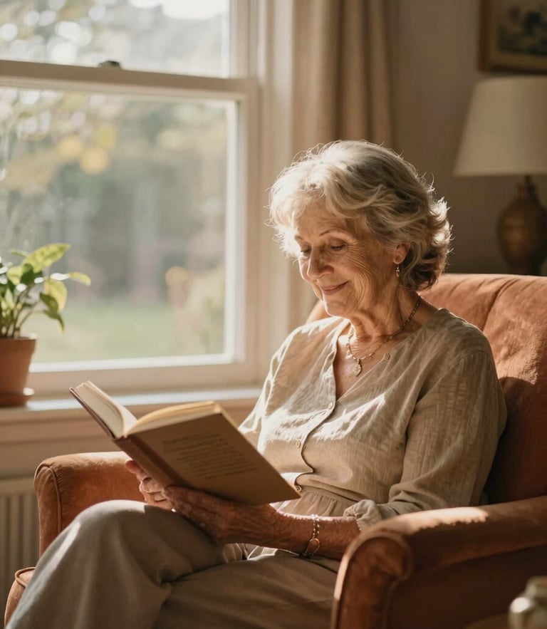 Warm natural golden-hour light shining through a large window into a cozy living room of a residence, a senior woman smiling gently while reading a book on a terracotta armchair, shallow depth of field, authentic moment