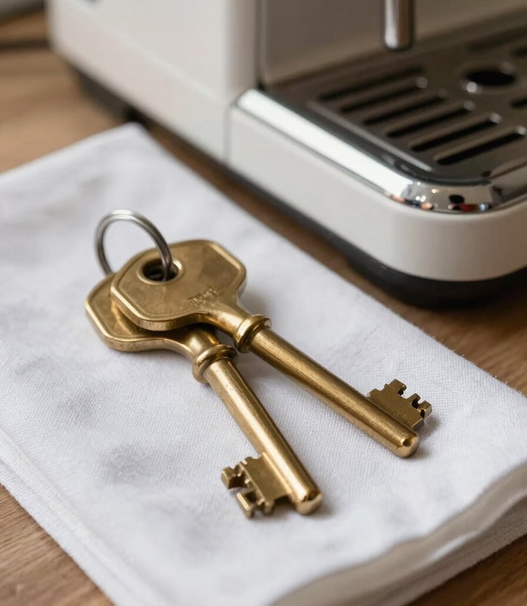 Tight macro shot of a pair of heavy brass keys resting on a crisp, folded white linen napkin next to a high-end espresso machine, soft morning light, shallow depth of field.