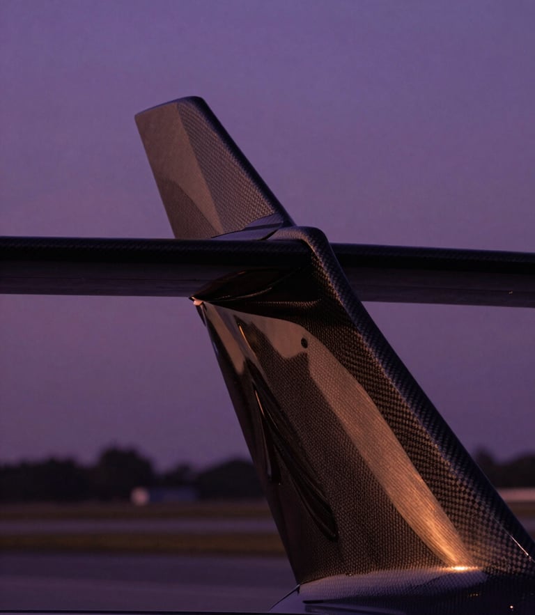 Cinematic close-up of a polished carbon fiber aerodynamic wing at twilight, deep purple shadows with warm golden reflections, shallow depth of field, 35mm