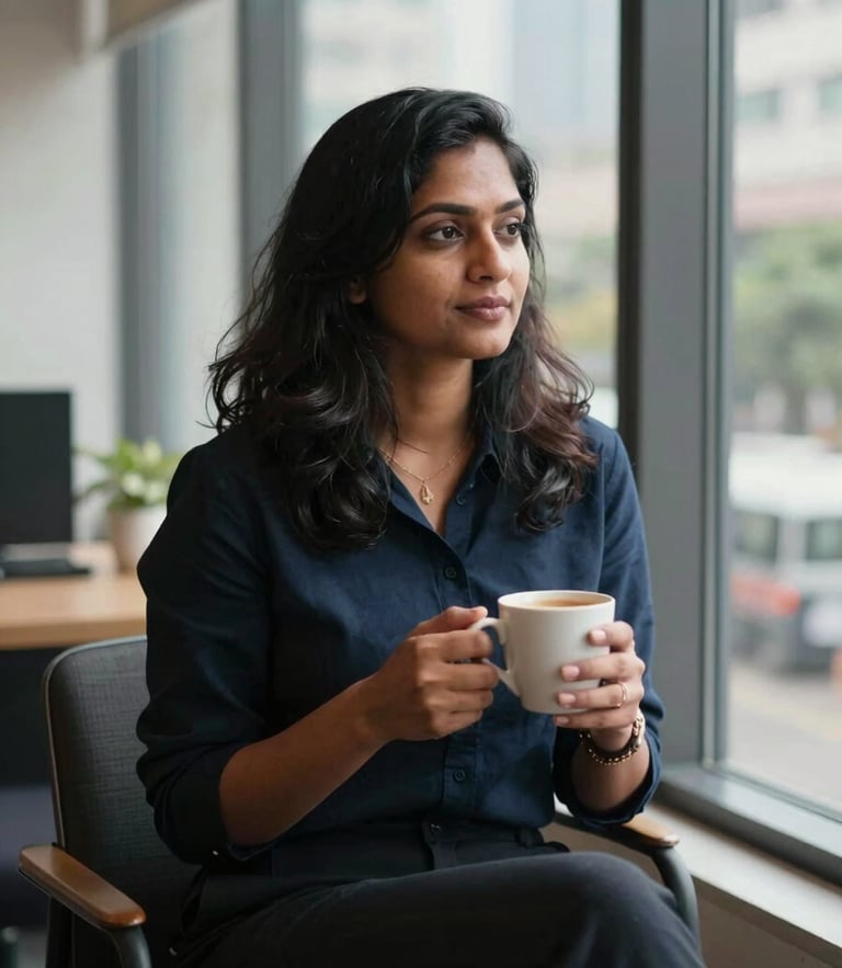 Warm editorial portrait of a modern Indian professional woman sitting by a large window in a Bangalore office, holding a coffee cup, soft natural light, rich deep tones, candid, shallow depth of field, 35mm
