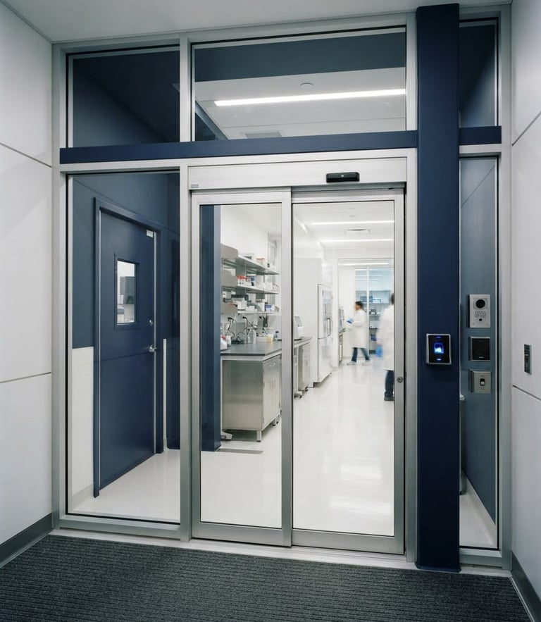Clinical editorial photography of a modern high-security laboratory entrance with clean geometric glass lines, cool clinical light, sharp focus, 35mm