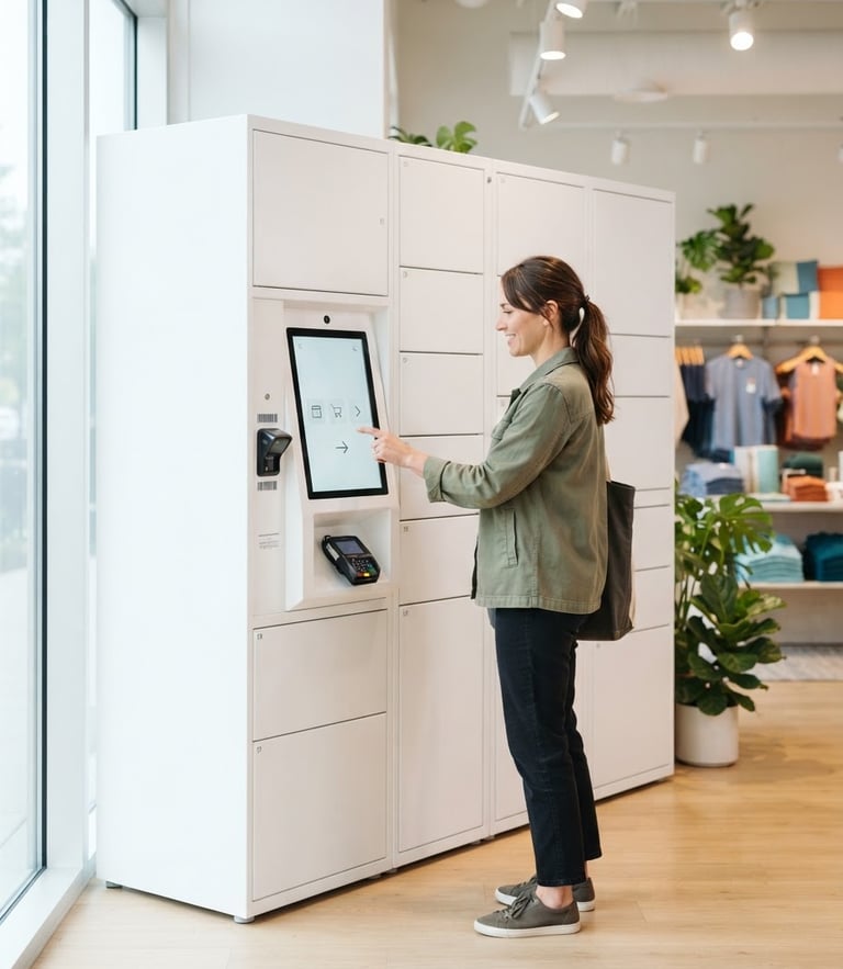 A bright modern retail pickup locker area with clean white lockers, soft natural daylight streaming in, a customer interacting with a digital screen.