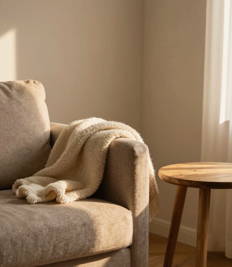 A softly lit corner of a warm farewell room with a comfortable armchair, natural wooden side table, soft wool blankets, and diffused warm indoor light.