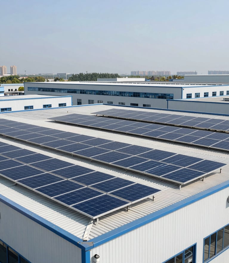 Industrial solar-panel installations integrated with modern automotive facility roof, bright daylight, crisp focus, 35mm