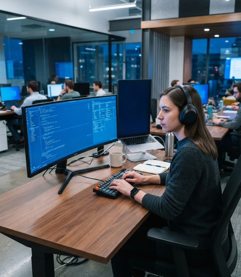 Crisp corporate photography of a clean modern tech environment with blue ambient screen glow, sharp focus, 35mm