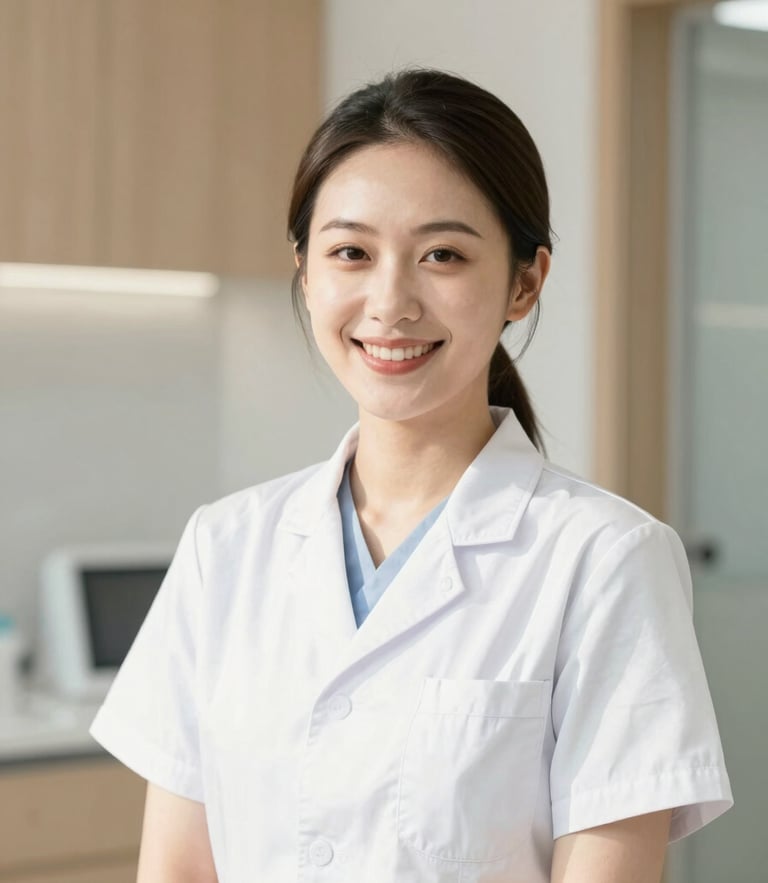 A bright, high-key portrait of a welcoming female dentist of East Asian heritage smiling warmly in a modern, sunlit clinic with soft wood accents.