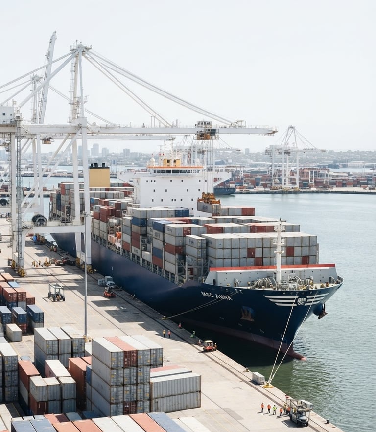 Wide-angle corporate photography of a modern deep-water container ship at port under bright high-key daylight, clean slate and white tones, sharp focus, 35mm