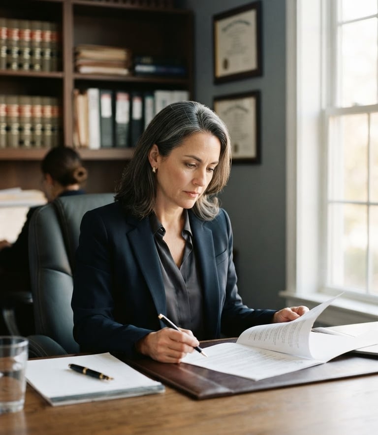 A professional attorney in a Woodbridge office setting, soft natural window light, muted navy and slate tones, shallow depth of field, 35mm
