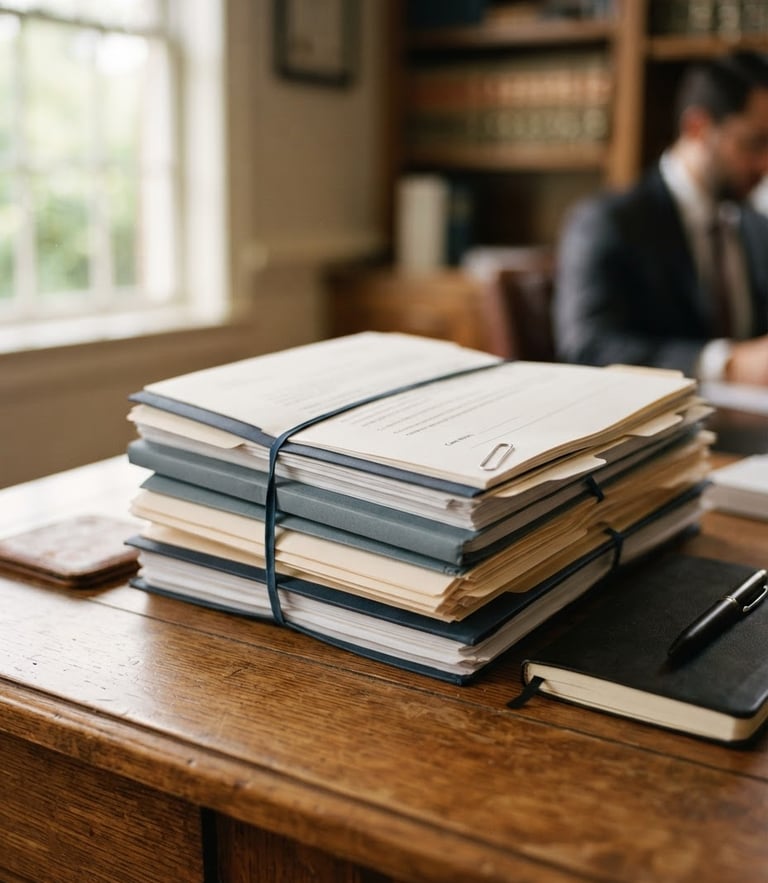 A professional close-up of legal briefs and a warm wooden desk in a Woodbridge office, soft natural window light, muted navy and slate tones, shallow depth of field