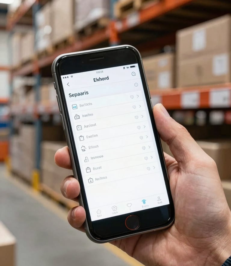 A close-up of a mobile screen displaying a clean, high-contrast inventory dashboard held by a warehouse worker in a brightly lit, organized regional distribution center, with boxes on shelves in the soft-focus background.