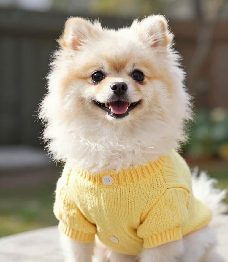 A happy fluffy Pomeranian wearing a vibrant custom-made yellow knit sweater, sitting in bright natural daylight, cheerful outdoor garden setting, candid 35mm style, shallow depth of field.