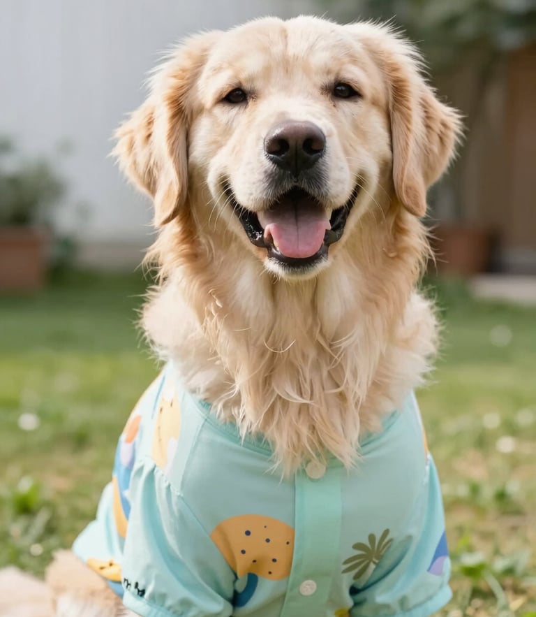 Bright natural pet photography, a happy golden retriever wearing a colorful custom summer shirt, sunny backyard setting, candid eye-level shot
