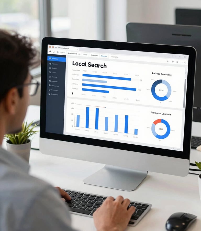 Over-the-shoulder shot of a digital marketer analyzing real-time local search analytics on a high-contrast dashboard in a bright Saharsa office, crisp corporate photography, 35mm lens.