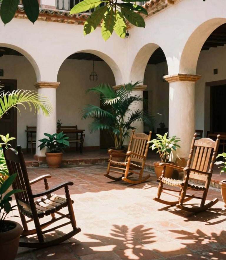 Medium environmental shot of a sun-dappled interior courtyard in Mompox, colonial arches, terracotta tiled floors, traditional wooden rocking chairs, lush green potted plants, warm golden-hour sunlight filtering through leaves, soft shadows, 35mm film style
