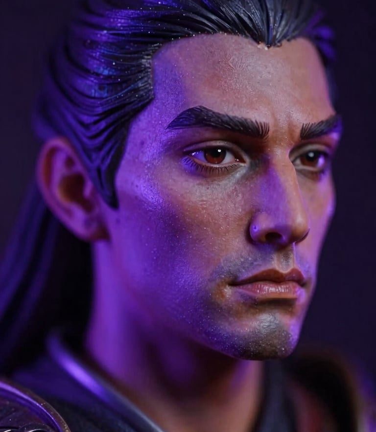 Extreme macro close-up of a hand-painted fantasy miniature warrior face, dramatic side lighting, neon purple rim light, dark moody background, 85mm