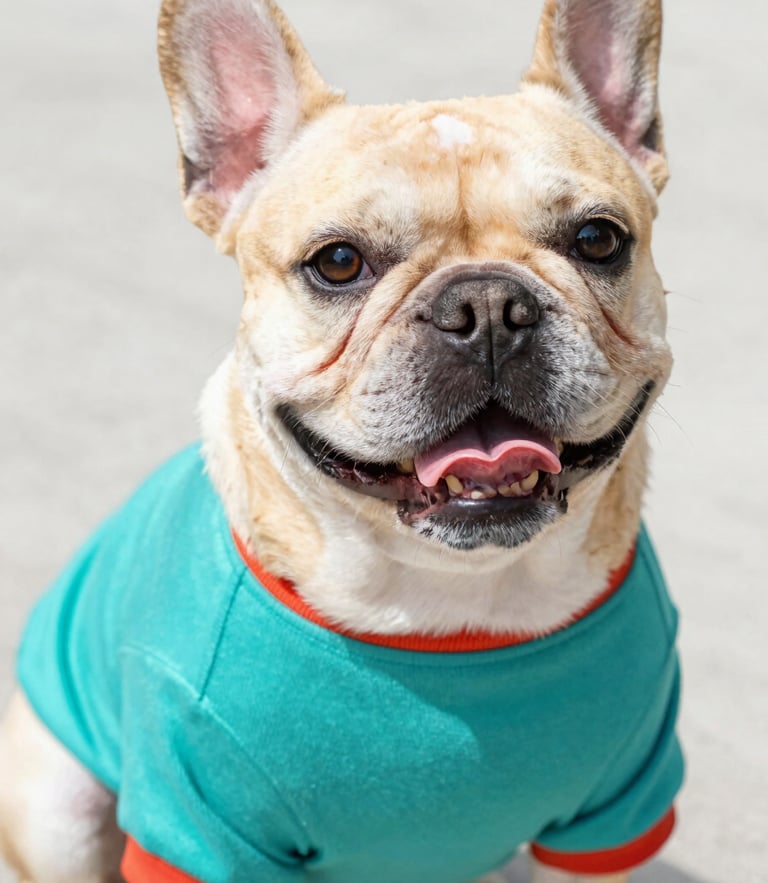 Close-up of a happy French Bulldog wearing a colorful handmade teal shirt, bright natural daylight, eye-level angle