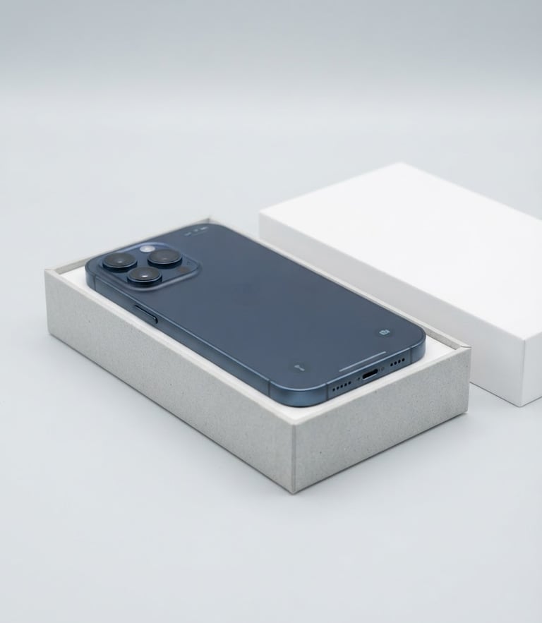 Crisp studio shot of a premium smartphone unboxed on a clean light gray background, high-key lighting, sharp focus