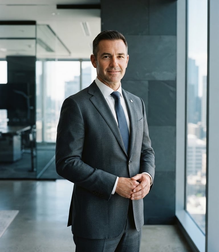 Professional studio portrait of a real estate investment director, sharp lighting, dark slate background, cool tones, 35mm