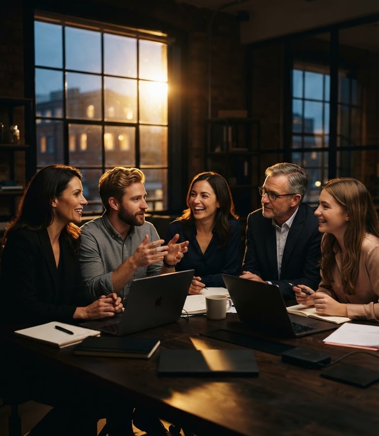 Warm editorial group portrait of professional consultants in a dark workspace, dramatic contre-jour backlighting with golden highlights, rich dark tones, 50mm lens.