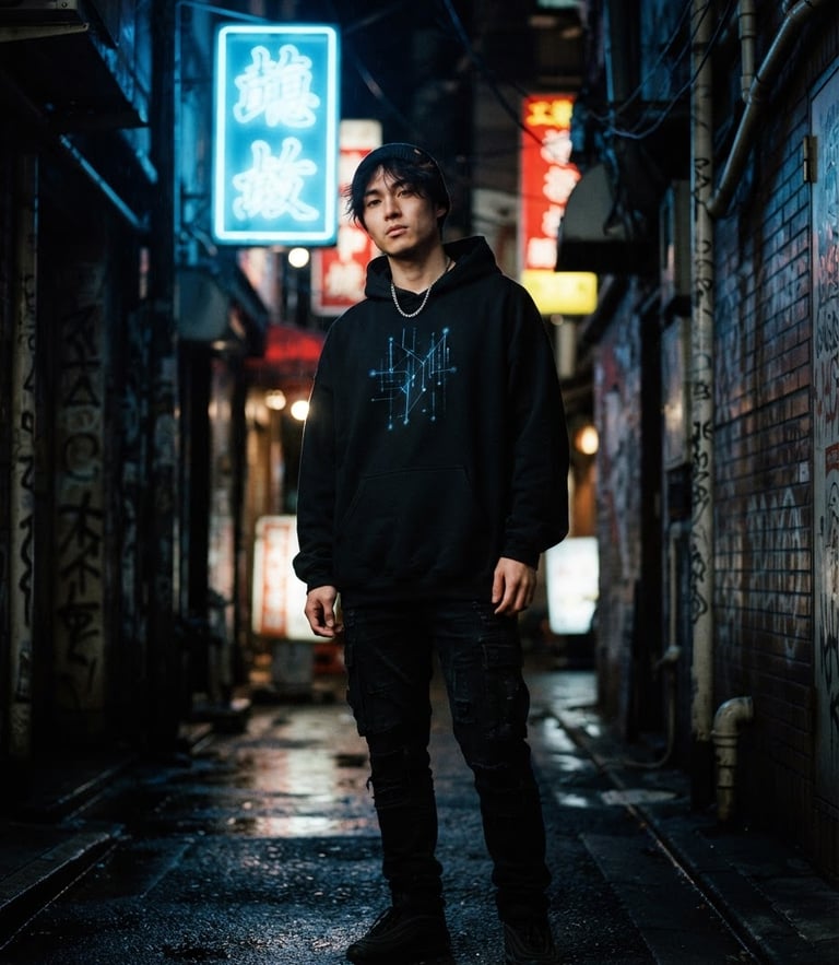 Moody streetwear portrait of a young adult model in a dark neon-lit alley, wearing a black heavyweight hoodie with a minimalist blue matrix graphic, high-contrast shadows, 35mm film aesthetic.