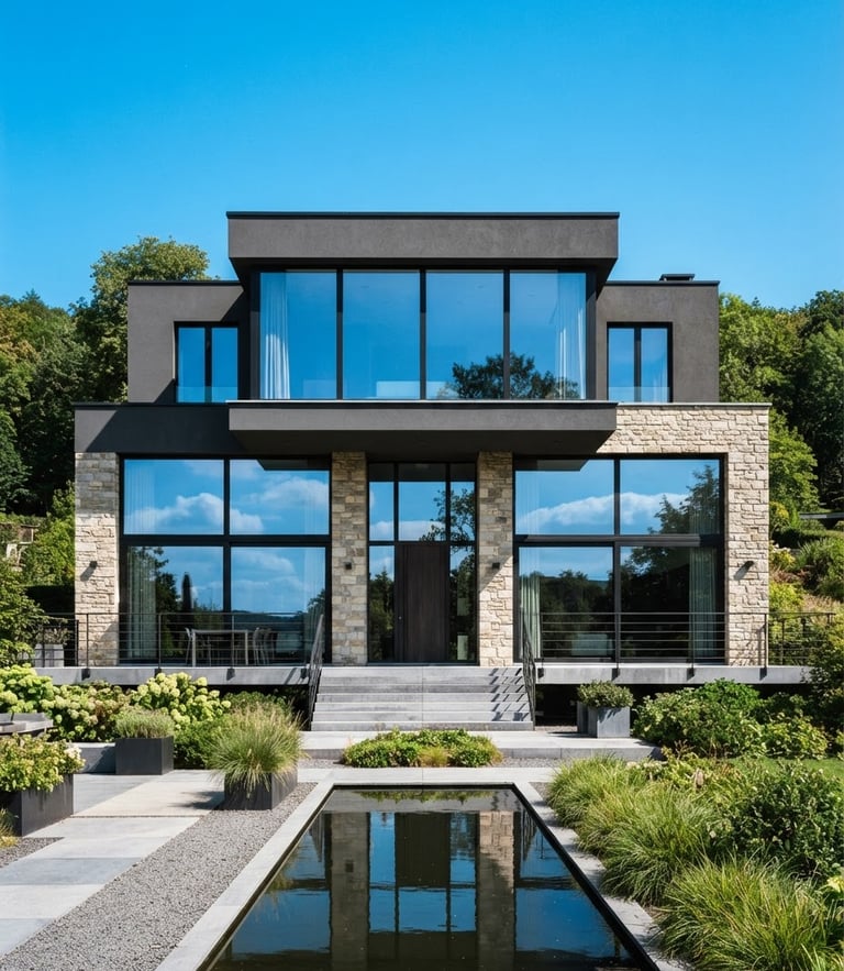 Symmetrical architectural photography of a modern luxury villa in Liège with massive, pristine glass windows reflecting a bright blue sky, high contrast, sharp details, 35mm