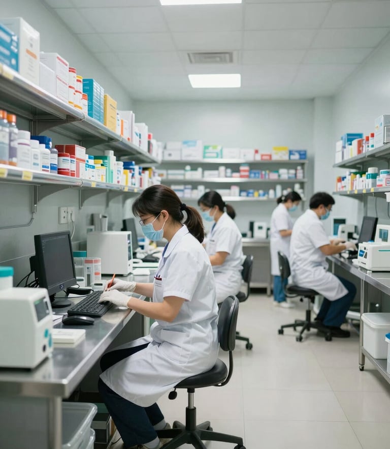 A bright, clean long-term care pharmacy cleanroom with stainless steel surfaces and professional technicians working in the background, cool natural lighting, medium-wide environmental shot.